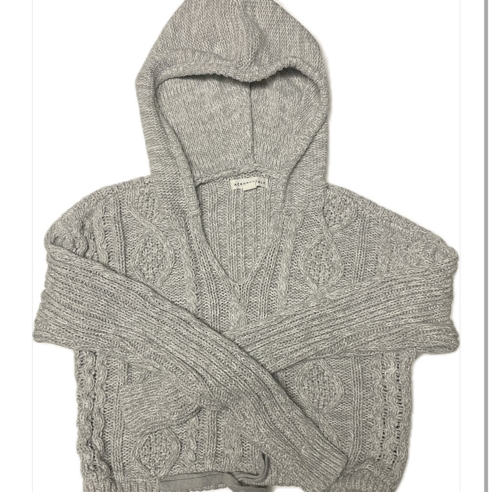 Aeropostale Gray V-Neck Sweater with Textured Knit Cropped Hoodie